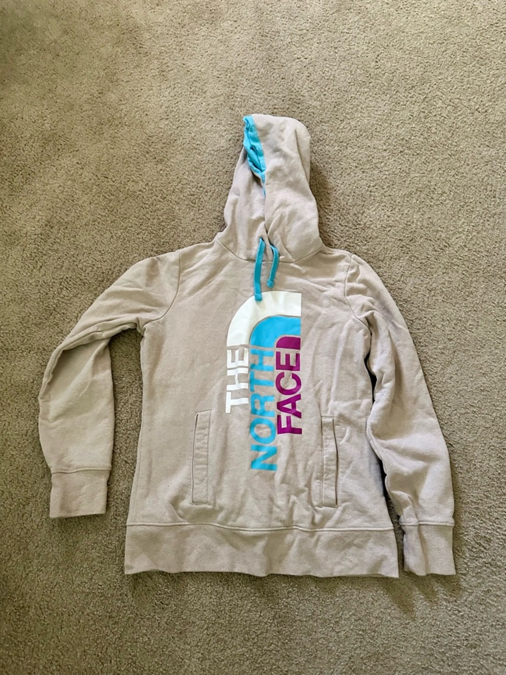 The North Face Women’s Medium Light Tan Hoodie with Aqua & Magenta Logo